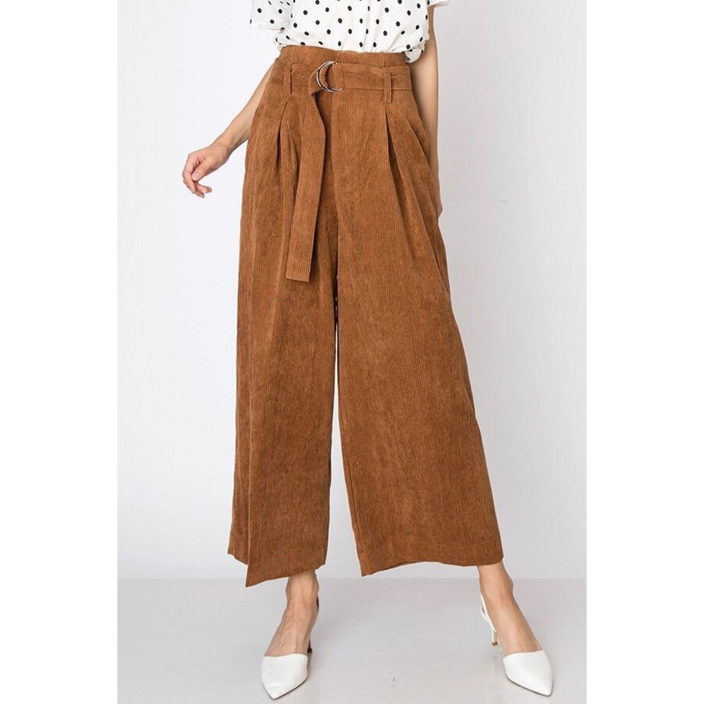 Brown Corderoy Wide Leg Fall Pants Belted